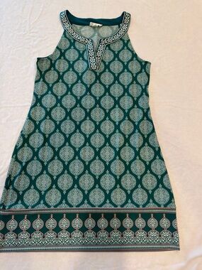 Sleeveless Teal Printed Mini Dress with Embroidered Notch Neck